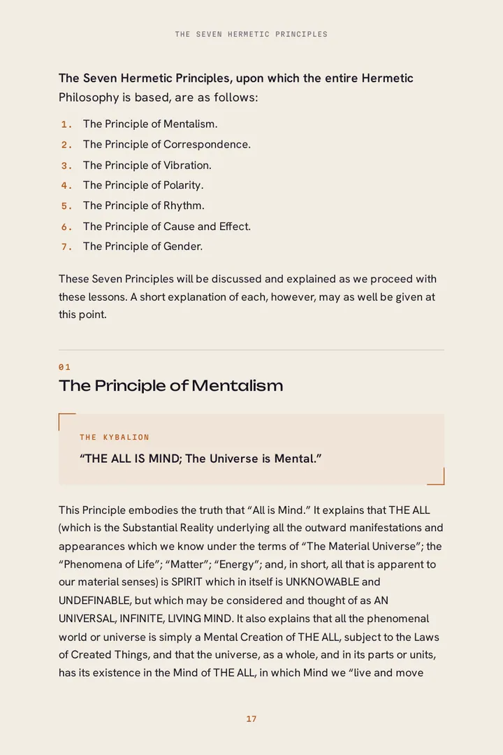The Principle of Mentalism page, with its axiom set apart in a copper frame