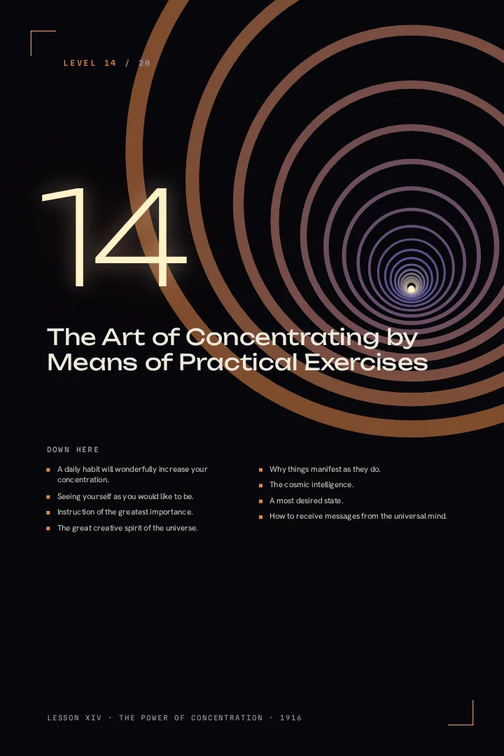 The Level 14 lesson opener, The Art of Concentrating by Means of Practical Exercises