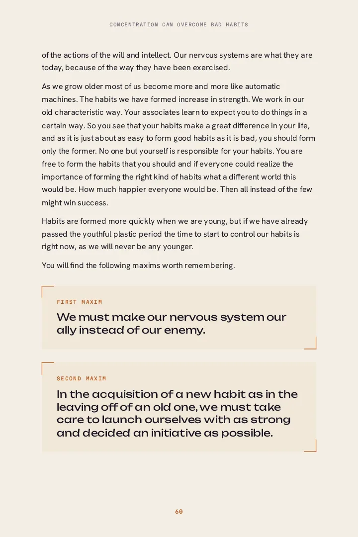 A page from Lesson IX with the first two habit maxims set in copper frames